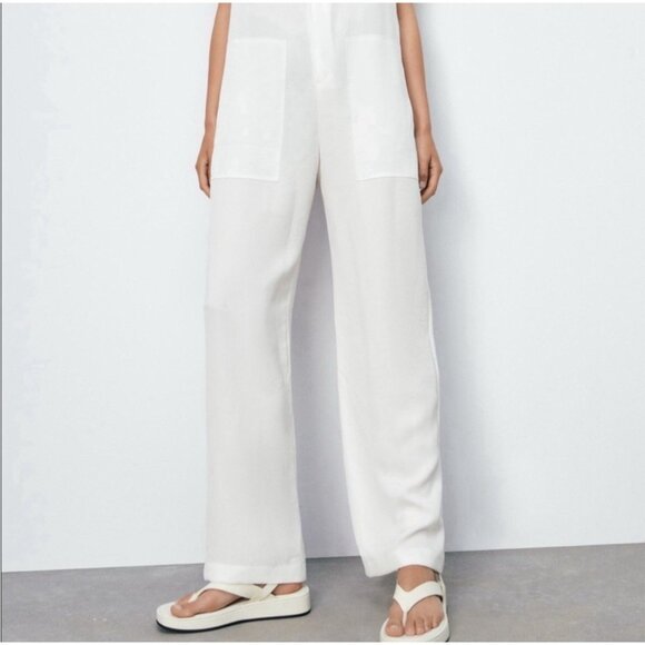 NEW! Zara Wide Leg Relaxed Fit Denim Jean Jumpsuit Fringe Detail White SZ M - Picture 4 of 10